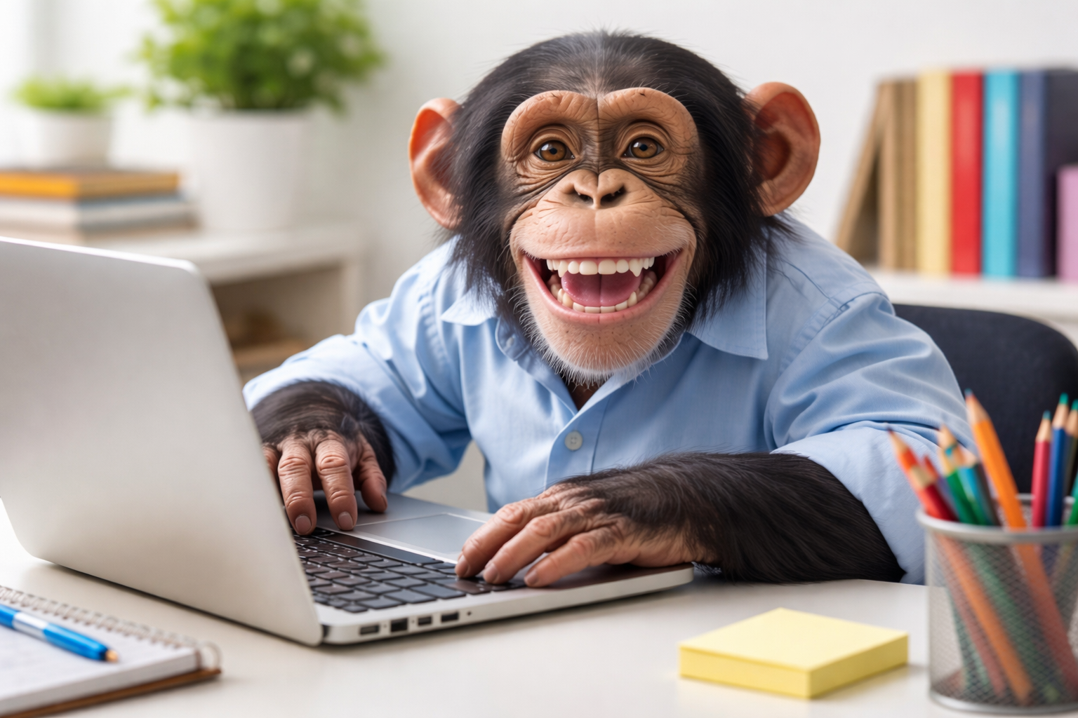 Smiling chimpanzee learning computer